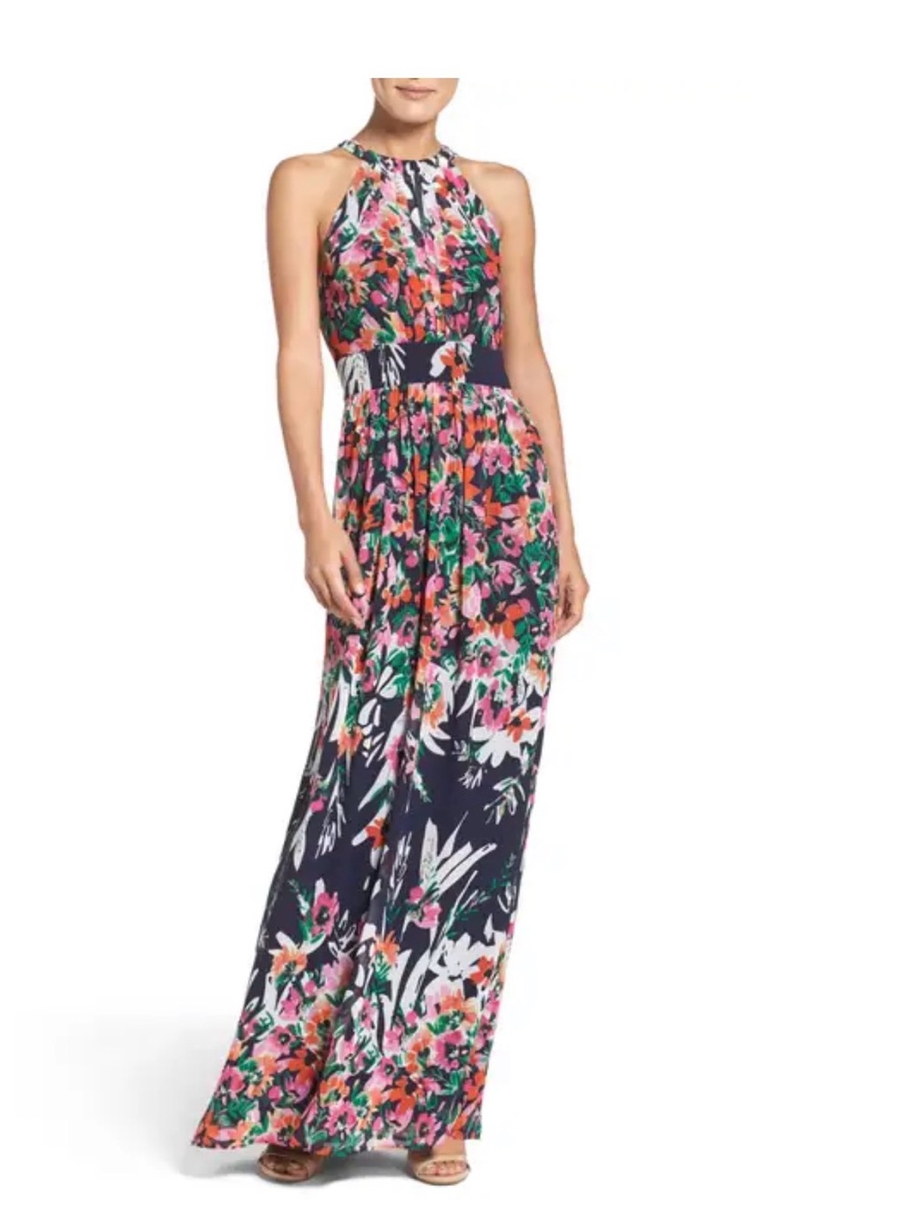 Eliza J Navy Floral Halter Maxi Dress with Coral & Green Accents